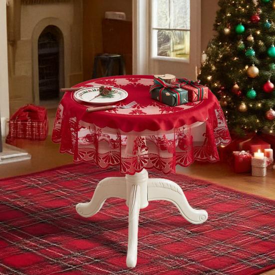 Christmas Tablecloth Red Lace Santa Claus Tablecloth Wrinkle Resistant Round Table Cover for Home Dinner Party Festive Decoration