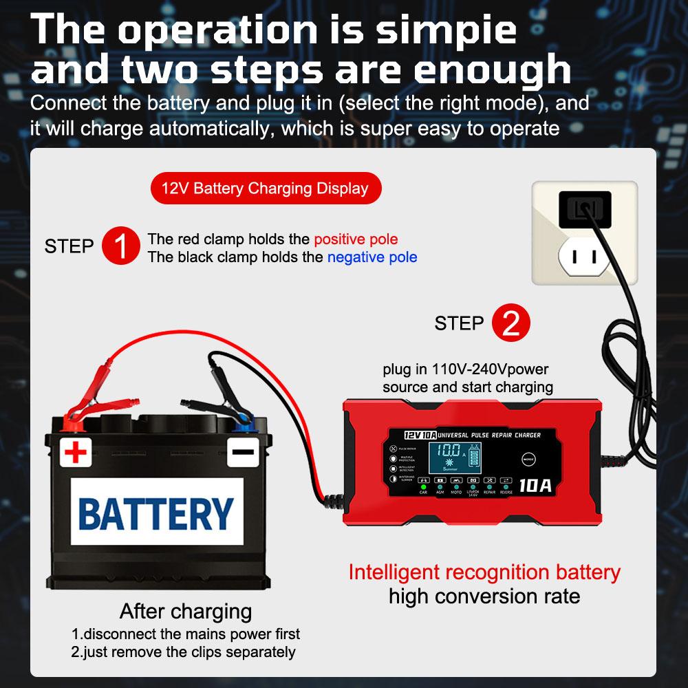 10A 12V Storage Cell Chargers For AGM GEL Lead Acid / 14.6V Iron Lithium Batteries Intelligent Pulse Repair Car Battery Charger