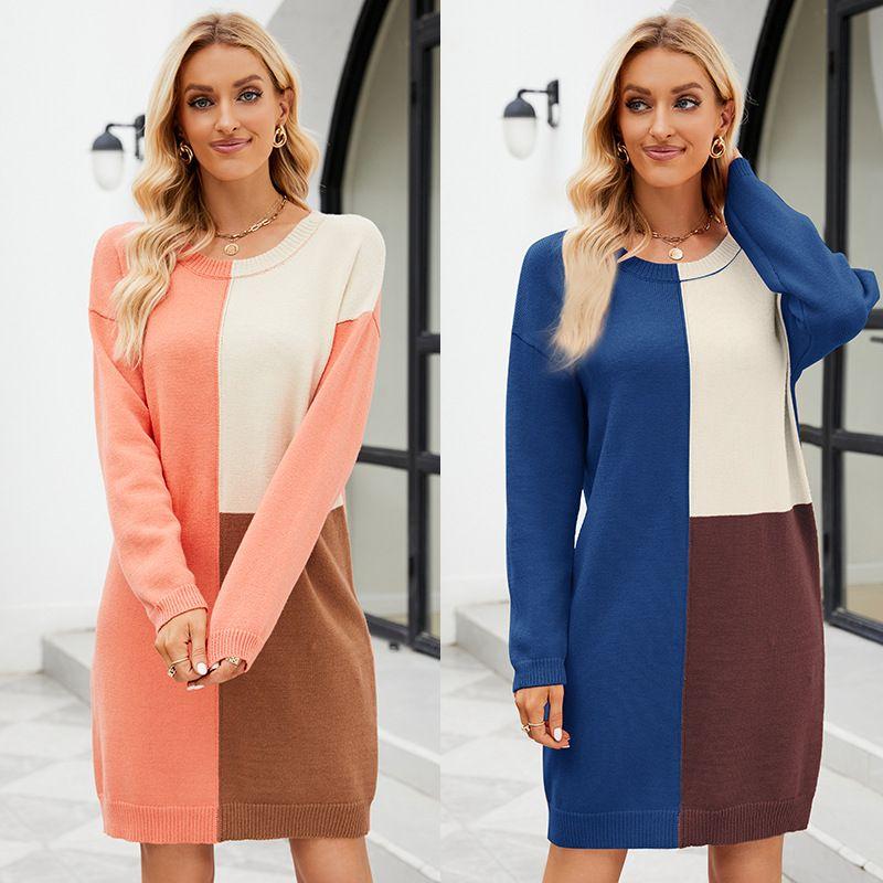 

2023 Pullover Knitted Shirt Contrast Knitted Dress Dress Blue Knitting Dress XL