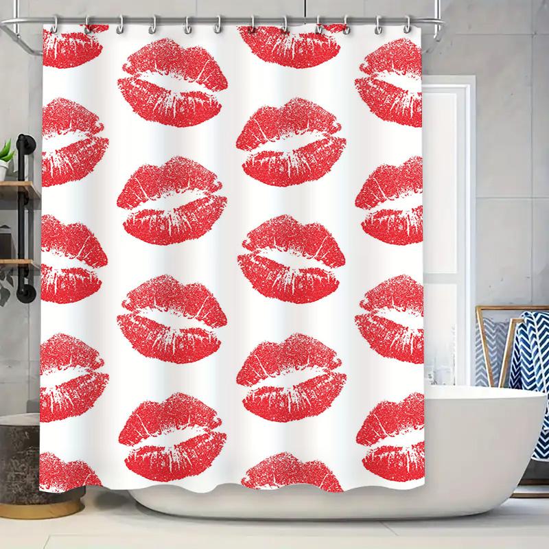 Red Lips Waterproof Shower Curtain Red Lipstick Pattern Bath Rug Decoration for Bathroom Accessories Set White Background One Si 90x180cm