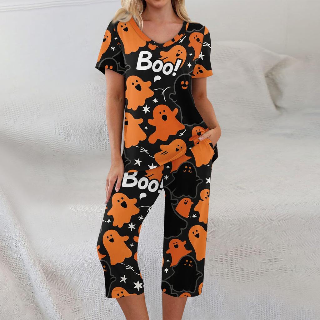 2 Piece Sets For Women Short Sleeve Top And Pants With Pockets Workout Soft Halloween Print Sets