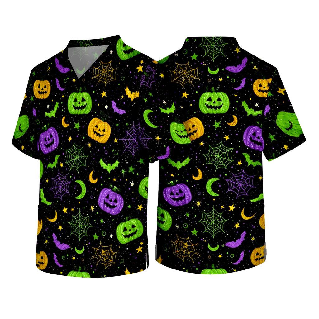 Men's Halloween Print V Neck Medical Scrub Top with Chest Pocket Short Sleeve Lightweight Comfortable Work Shirt for Healthcare Professionals