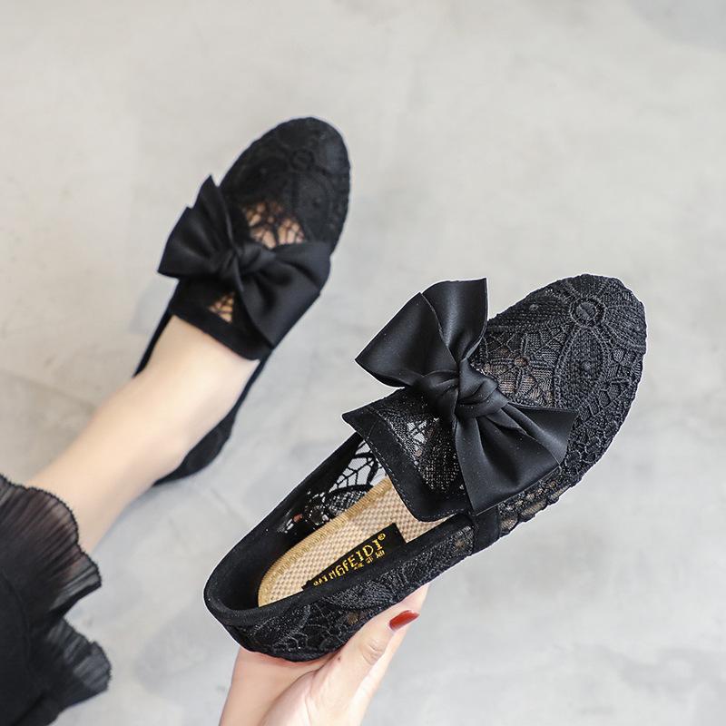 

Модные шелковые туфли-балетки с бантом, женские кружевные туфли с цветочным узором, летние дышащие лоферы из воздушной сетки, женские мокасины с перфорацией, слипоны 35 чёрный