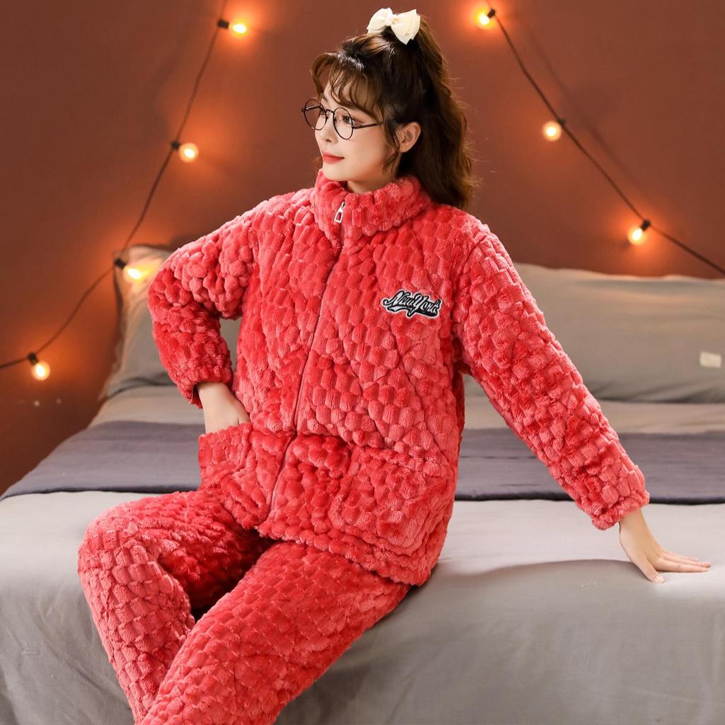 Women's Quilted Fleece-Lined Winter Pajama Set - Plus Size, Cute, Thick, Round Neck Homewear.