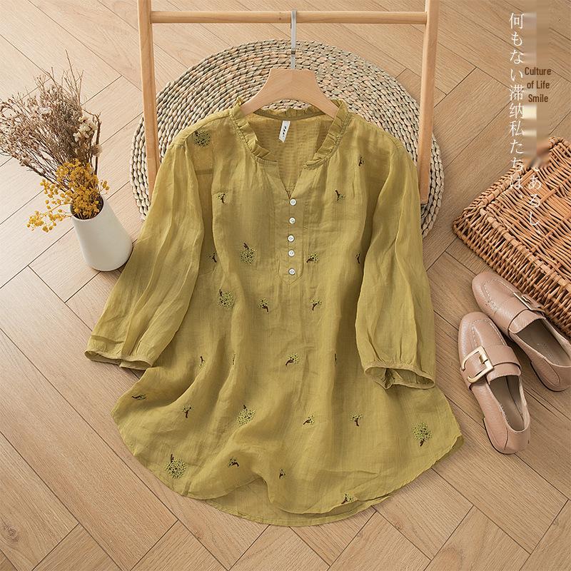 

Spring/Summer 2025 Loose Linen V-Neck Button-Up Embroidered T-Shirt with Ear-Ruffle Sleeves M {up to 55 kg} жовтий