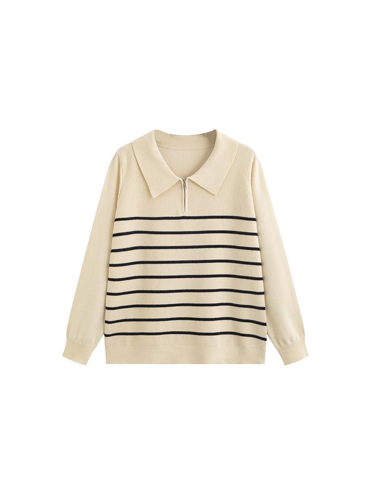 Plus Size Women's Casual Striped Polo Neck Sweater, 2025 Winter Style