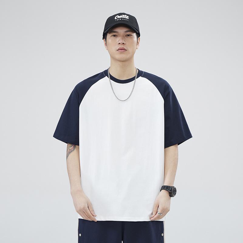 250G Men's Summer Trendy Color Block Raglan Tee - Heavyweight Pure Cotton, Loose Fit, Short Sleeve