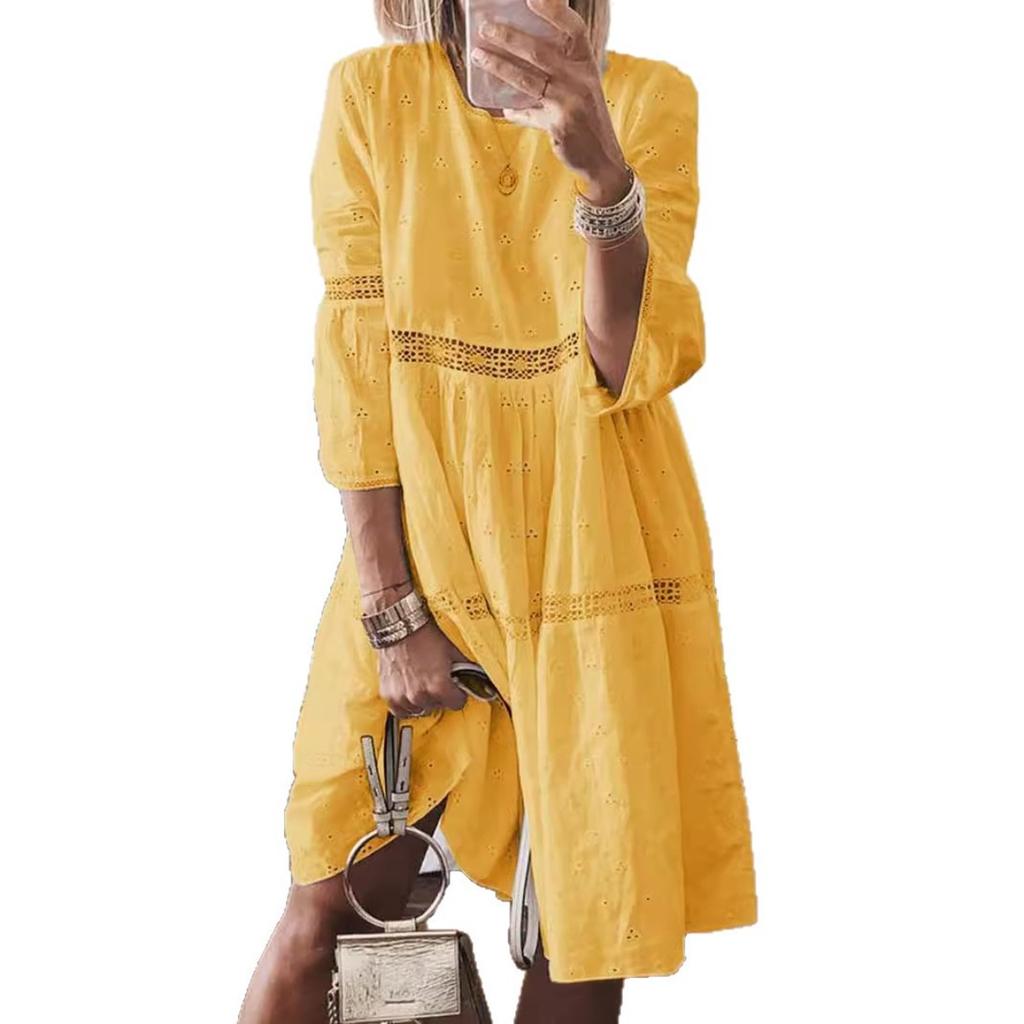 Spring Autumn Women's Plus Size Dress Lace Spliced Hollow Embroidered 3/4 Sleeve Casual Dress for European American Crossborder
