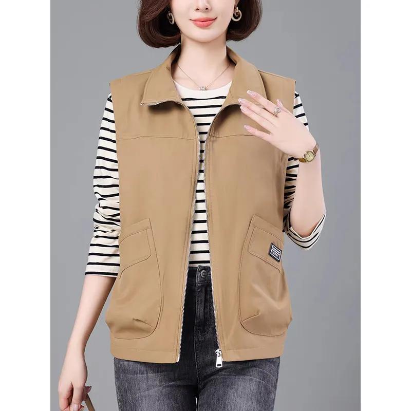 Casual Khaki Short Women's Vest Oversize Liner Sleeveless Jackets 2024 Spring Autumn Zipper Basic Waistcoat Female Outerwear