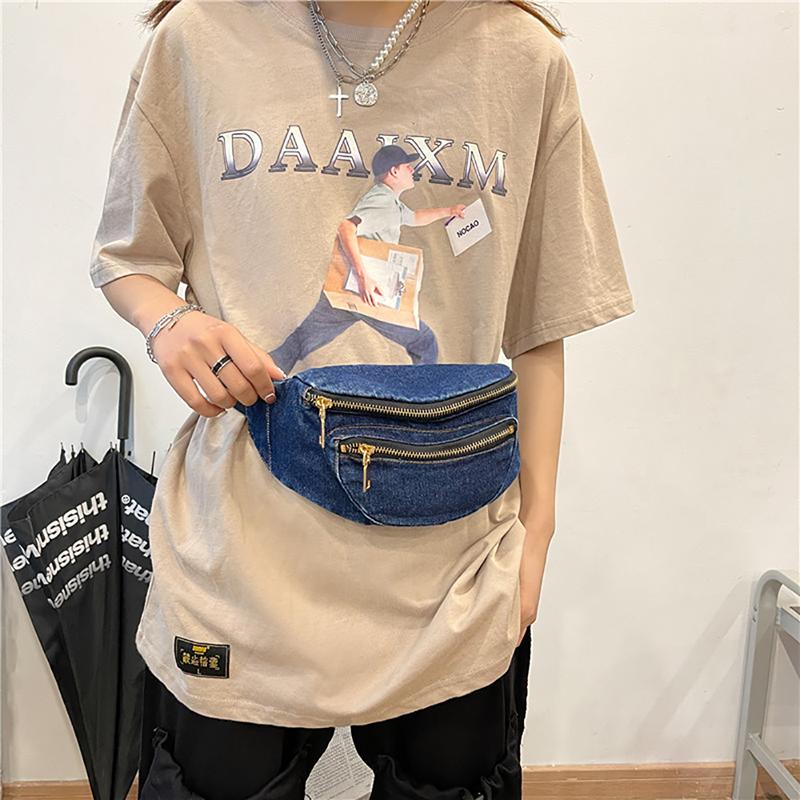 Retro Hong Kong Style Design Denim Crossbody Bag Casual Zipper Shoulder Bag Unisex Street Style Student Personality Chest Bag
