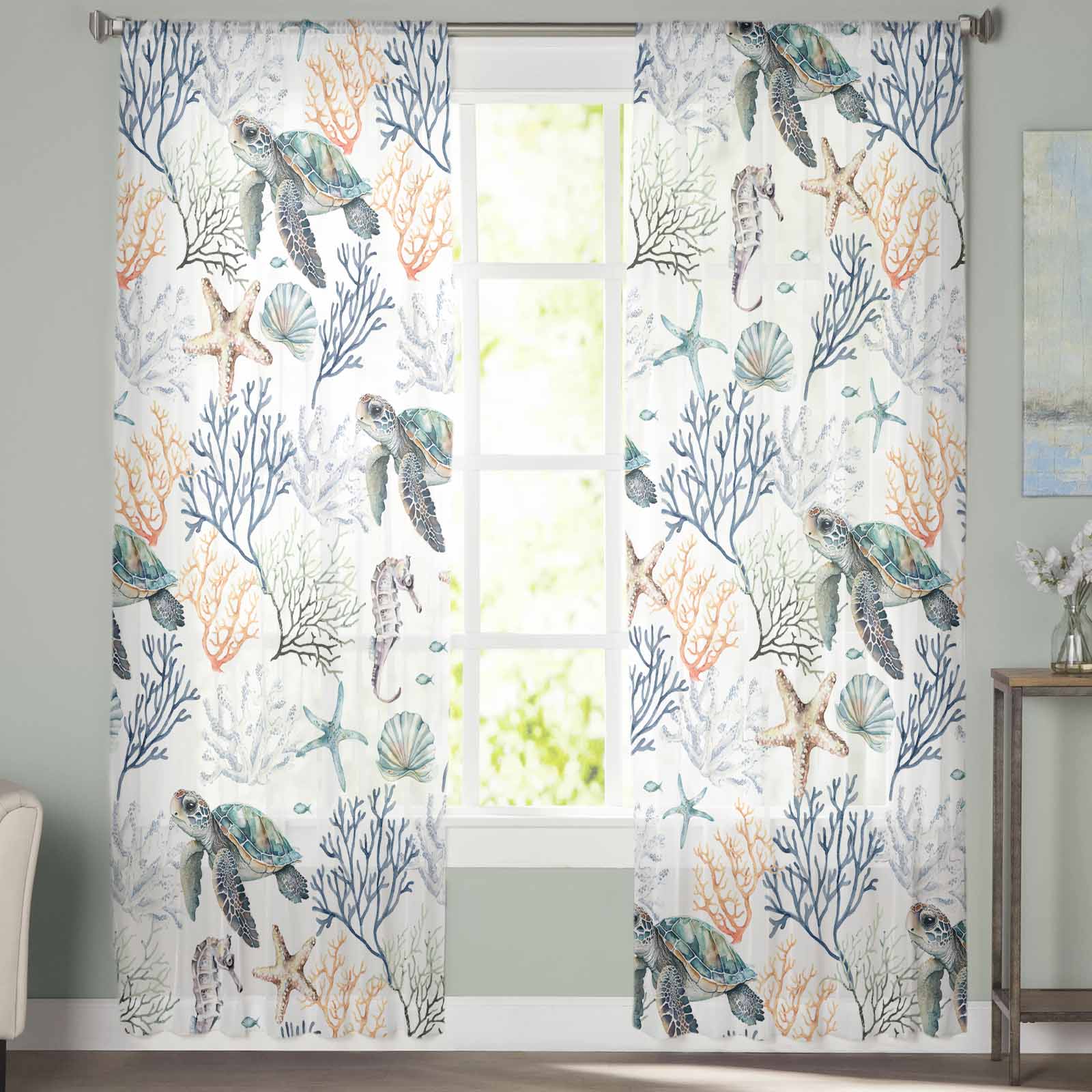 Летние океанские ретро акварельные тюлевые оконные шторы для спальни — фото 3