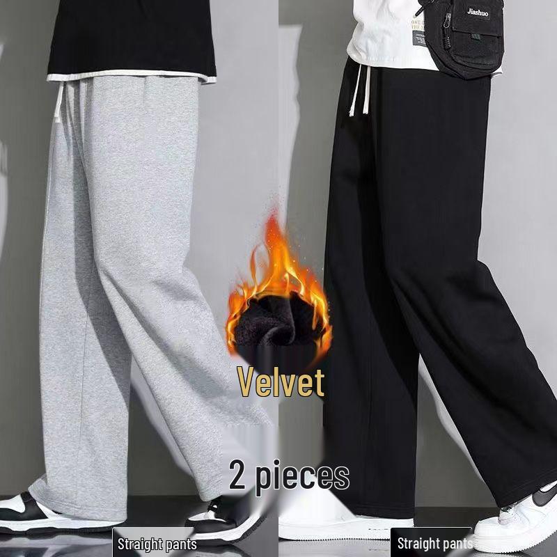 Korean-Style Plus Size Fleece-Lined Sweatpants for Students - Loose, Straight-Leg Casual Pants for Autumn/Winter.