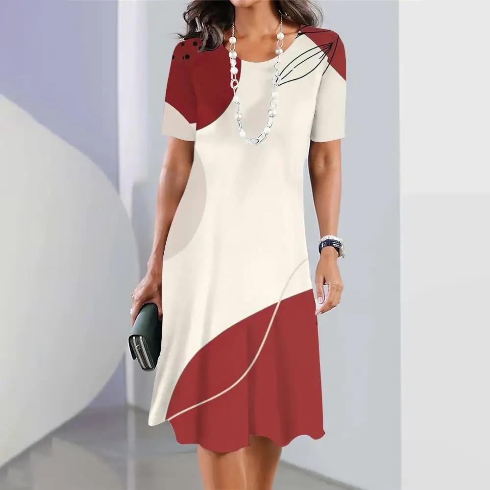 New Geometric Curve Graphic Print Women's Dresses Elegant Loose Short Sleeve O-Neck Summer Dresses Female Fashion Sundress