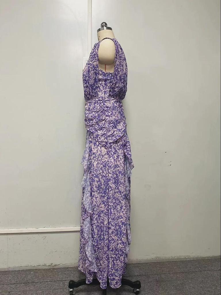 Elegant V-Neck Chiffon Print Strapless Evening Dress