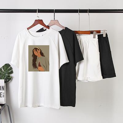 Bedrucktes Sommer-Baumwoll-T-Shirt-Set für Damen, lässige zweiteilige Kurzarm-T-Shirts und kurze Hosen mit hoher Taille, solide Outfits, Trainingsanzug