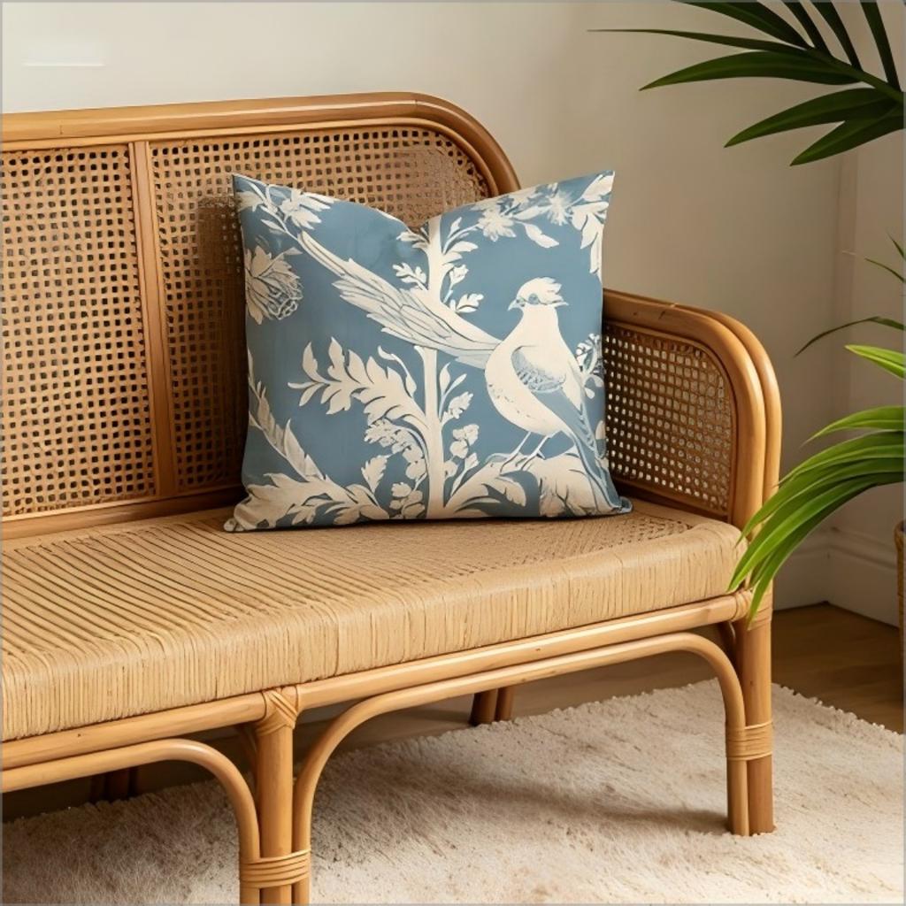 Double Sided Blue Toile De Jouy Bird Throw Pillow Cover Vintage Floral Botanical Print Decorative Cushion Cover For Home Decor