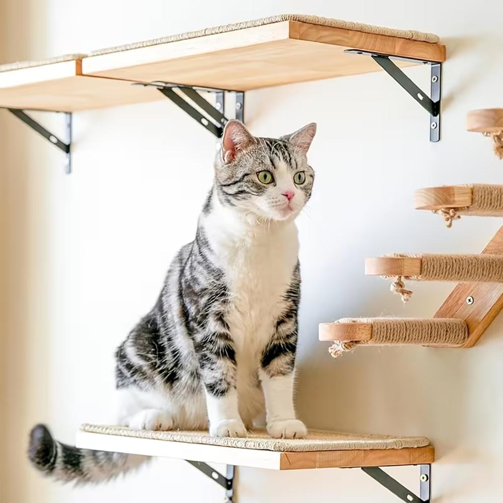 Wall-Mounted Cat Tree Combo Set Crafted from Solid Wood This Wall-mounted Aerial Playground Features a Cat Bed