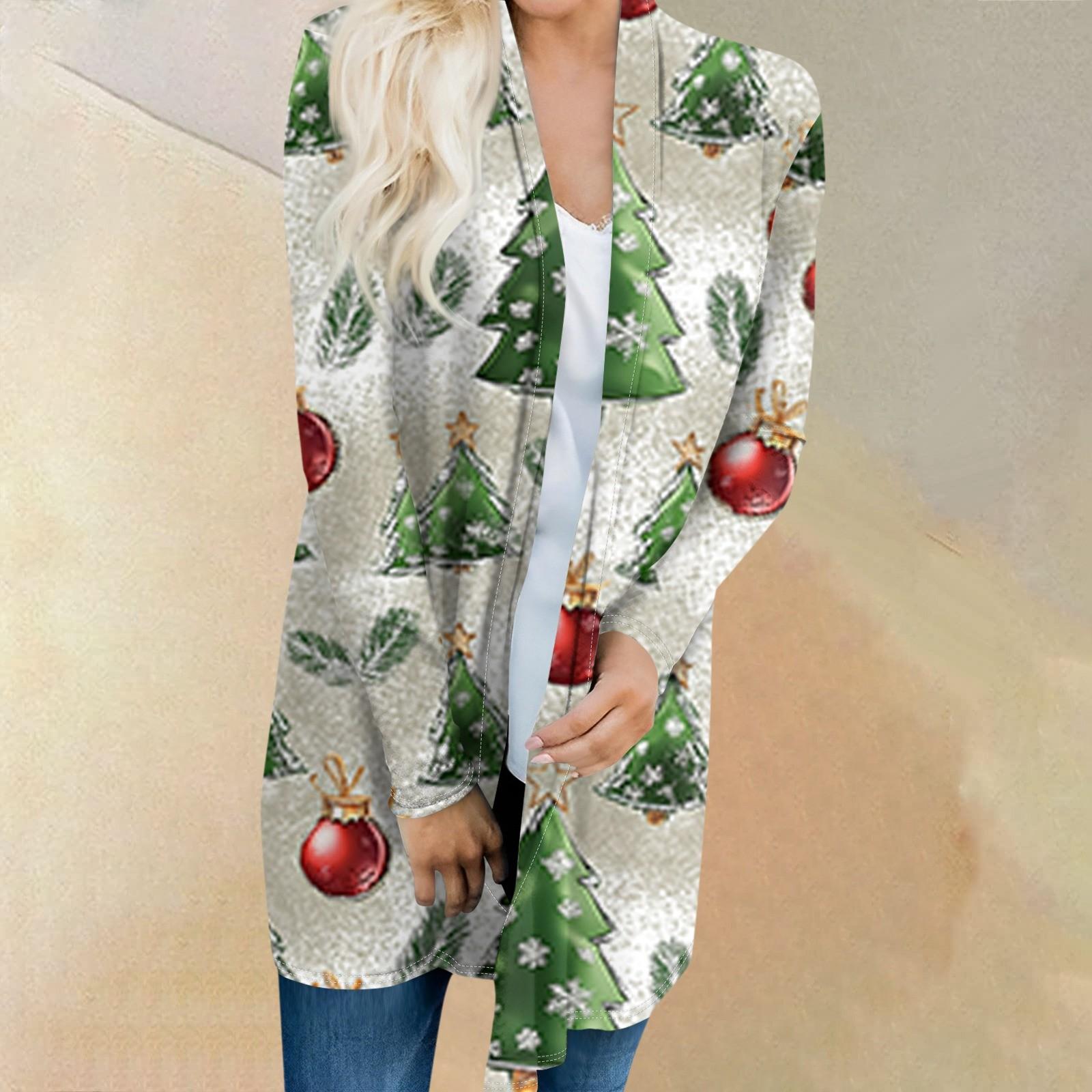 

Женская модная повседневная куртка-кардиган средней длины с принтом рождественской елки и снеговика M