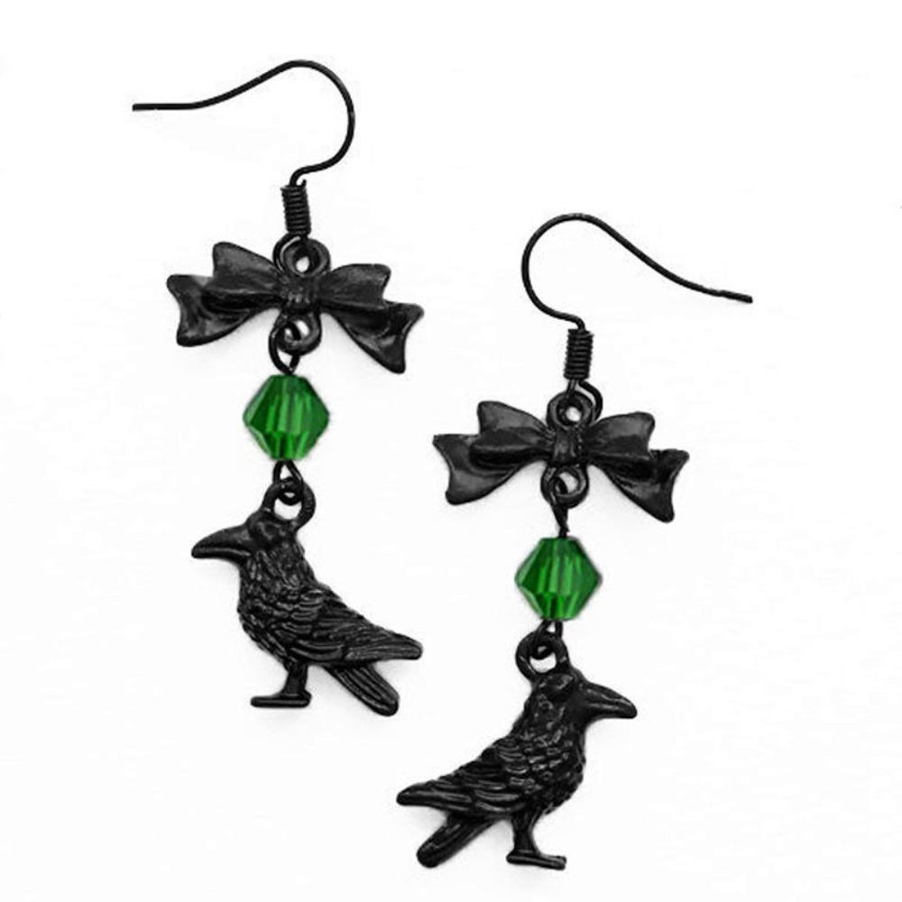 Gothic Creative Personality Black Bowknot Crow Magpie Red Pearl Pendant Dangle Earrings for Women Hallowmas Party Jewelry Gifts