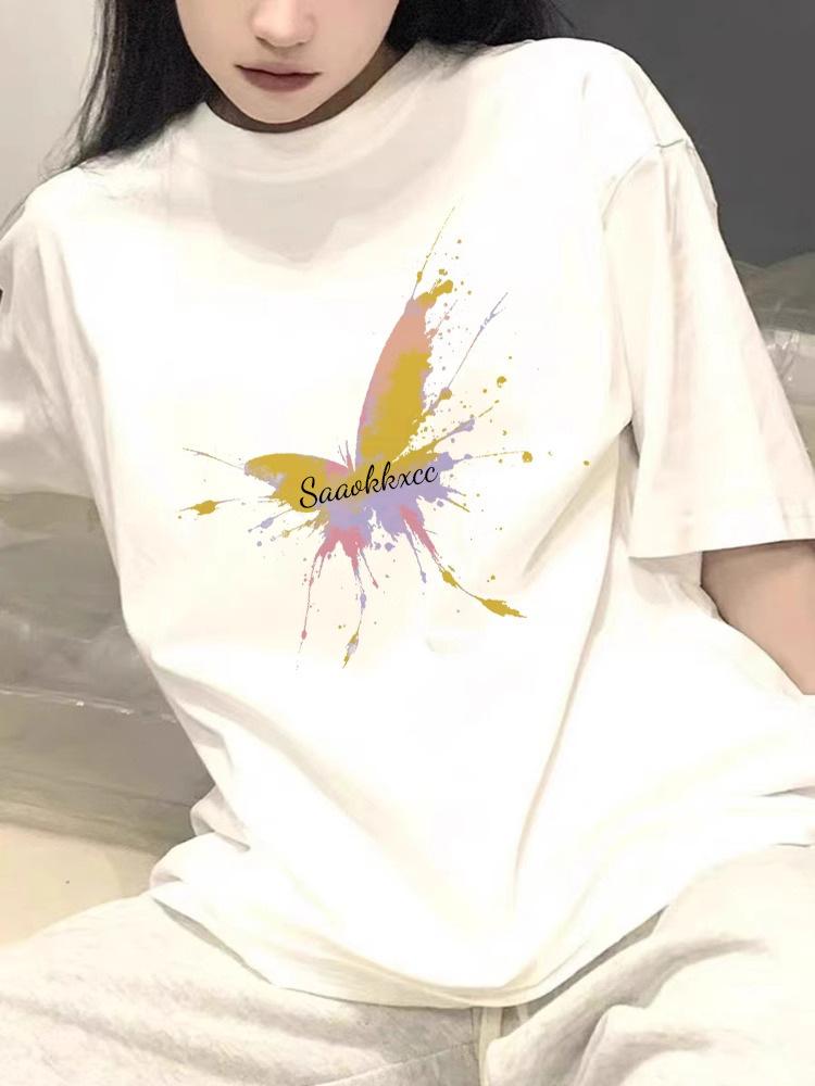 Women's Loose Fit White Cotton Shoulder T-Shirt - Summer 2025 American Style