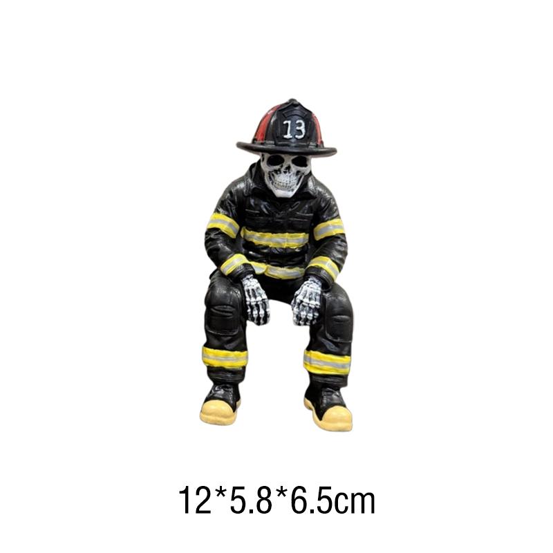 Resin Skeleton Firefighter Shelf Sitter Halloween Skull Fireman Figurine In Sitting Pose Creative Desk Bookshelf Decor Ornament