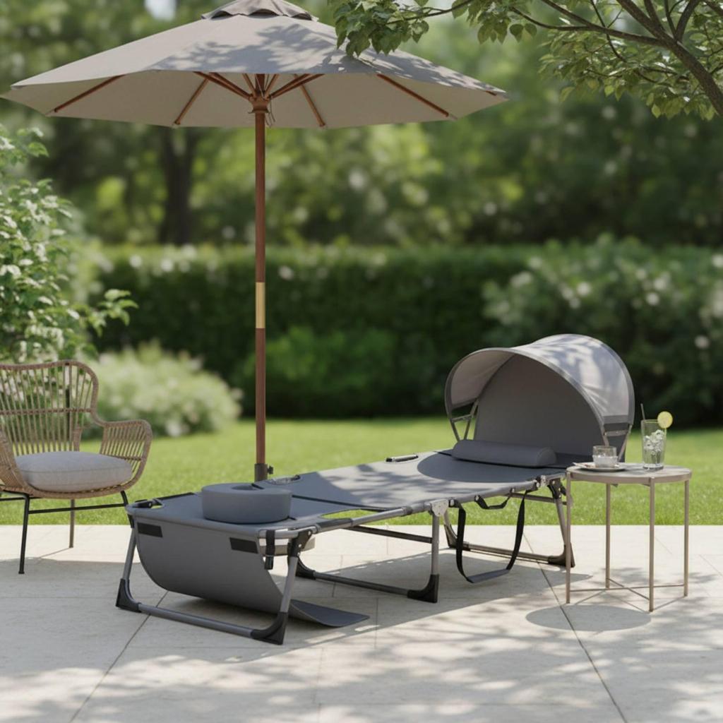 Folding Beach Lounger with Canopy Foldable Face Down Tanning Cot Ergonomic