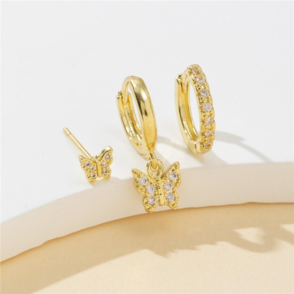 3pcs Set Fashion Exquisite Shiny Inlaid Zircon Butterfly Stud Earrings for Women Stainless Steel Hoop Earrings Jewelry Sets Gift