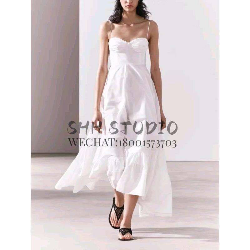 Spring White Fashion Heart-Shaped Collar Bows Camisole Laminated Decoration Poplin Dress 2673072