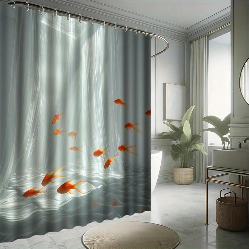 Sada sprchového závěsu s plovoucími zlatými rybkami, Umělecký efekt, Minimalistický styl, 12 háčků, Polyester, Dělící prvek do vany, Moderní koupelnová dekorace
