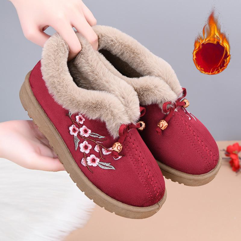 Bottines de neige chaudes à plateforme pour femmes, doublure en fausse fourrure, chaussures de marche décontractées antidérapantes brodées, bottines courtes pour femmes, chaussures d'intérieur et d'extérieur