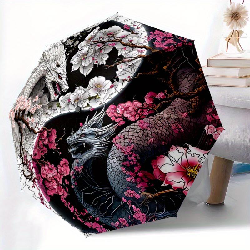 1pc Yin and Yang White Dragon and Black Dragon Automatic Folding Umbrella - 3 Folding Design, Vivid Cartoon Pattern, Suitable for Outdoor Activit