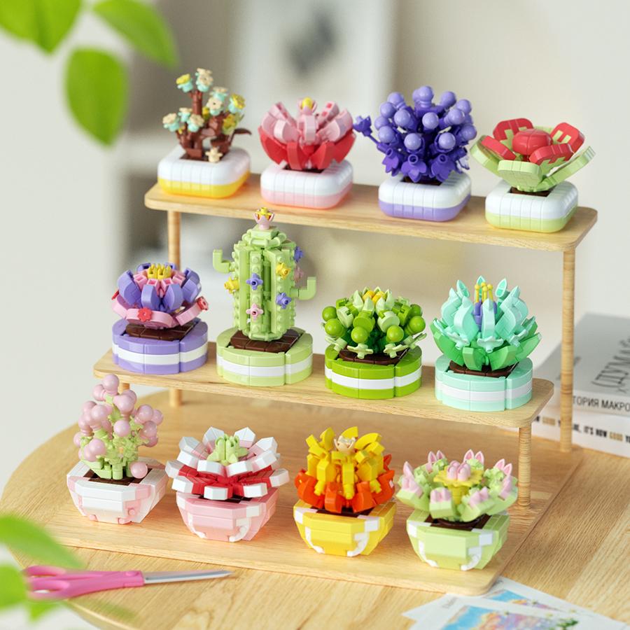 Non-Toxic Carden Toys Potted Succulent Cactus Mini Building Blocks Children Toys Flowers Blocks Thanksgiving Gifts