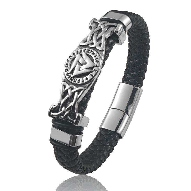 

New Viking Odin s Knot Symbol Leather Braid Men Valknut Bracelets Stainless Steel Charm Jewelry Men Day Bangles for Male Gift 20.5cm серебряный