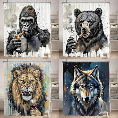 Funny Shower Curtain Bathroom Partition Curtain Printed Fabric Amusing and Creative Animal Decorative Curtain with Hooks
