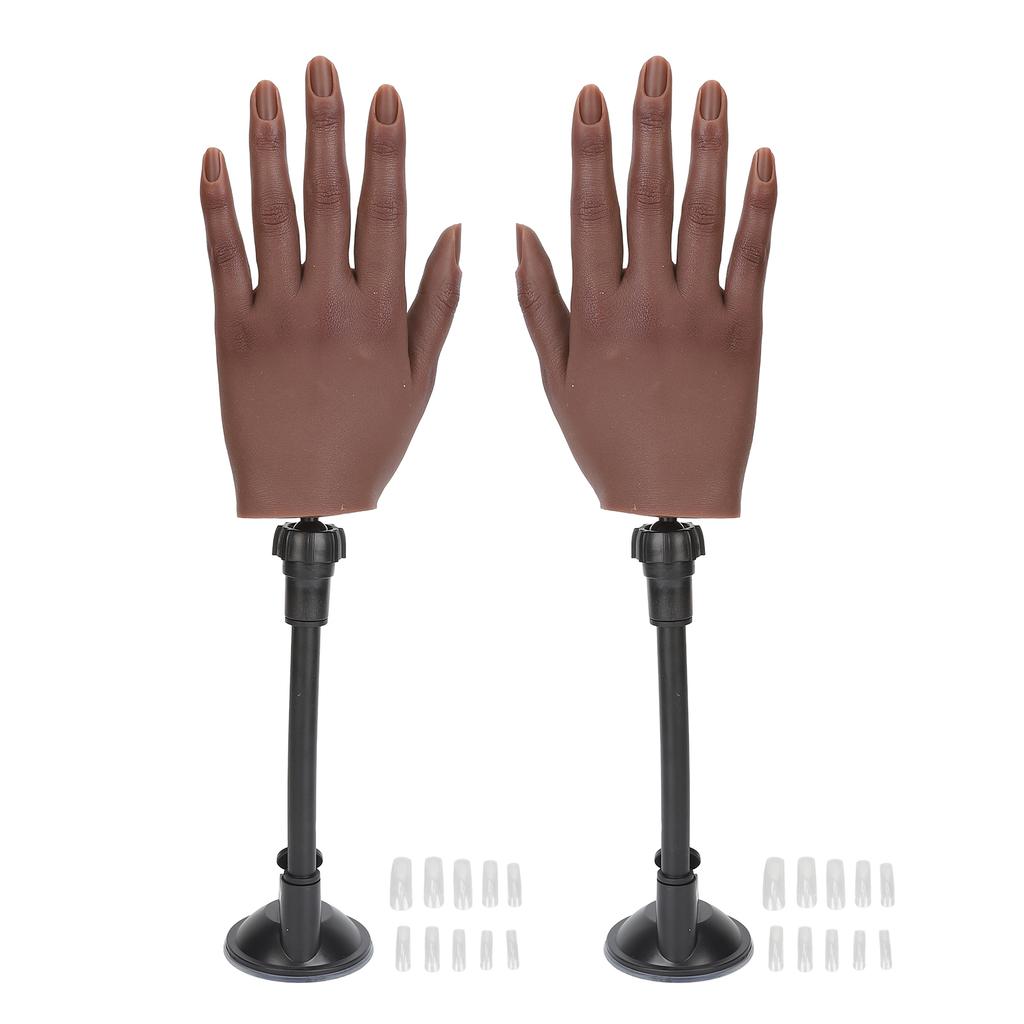2 Pares Mão de Prática para Treino de Unhas Esquerda Direita Cor de Pele Escura Mão de Manequim de Silicone Flexível com