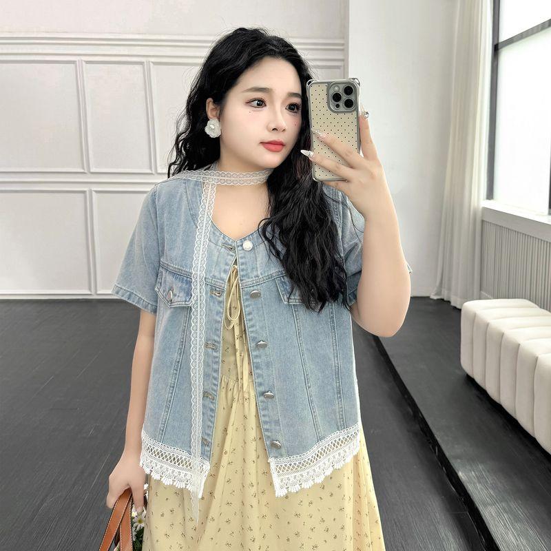 

Plus size women clothing [Korean Series Denim coat] Summer Chubby Girl Retro Casual Loose Lace Stitching Short sleeve Shirts