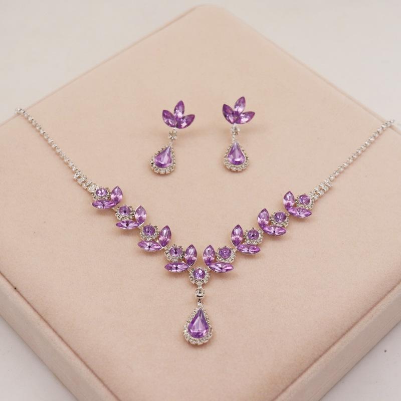 Crystal Purple Rhinestone Necklace & Earring Set: Elegant Evening & Bridal Accessories