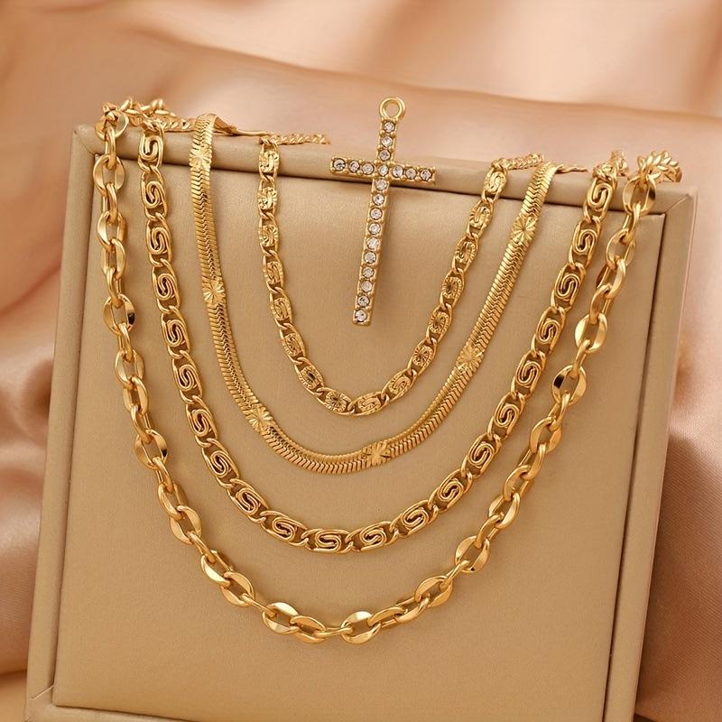 Модный Браслет из Нержавеющей Стали Литой Инкрустированный Алмазом Крест Браслет Легкая Роскошь Высококачественный Титановый Стальной Набор Украшений Gold-4Bracelet+1Pendant