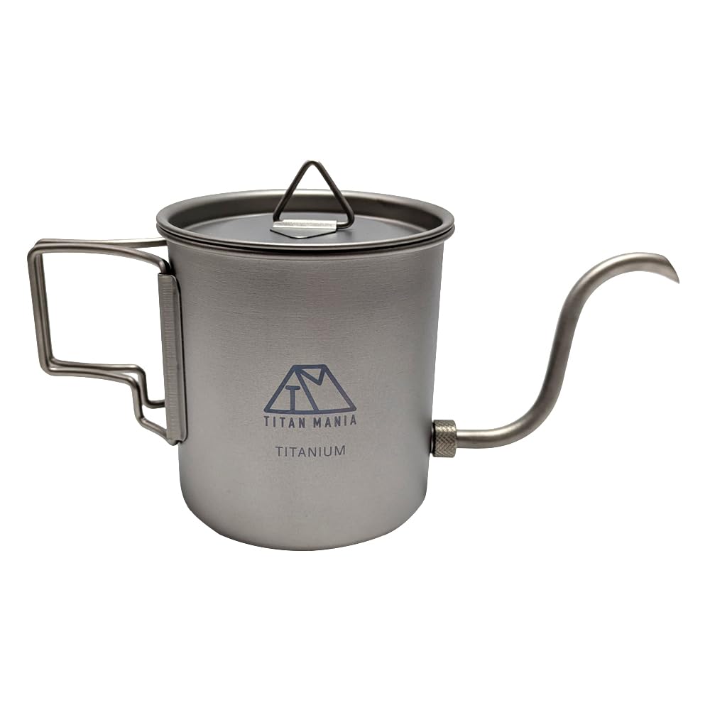 

TITAN MANIA Coffee Pot Folding Coffee Drip Spouted Water Solo Outdoor Camping Storage Bag Included - Titanium, Gooseneck, Lid, 400ml, Handle, Pot,
