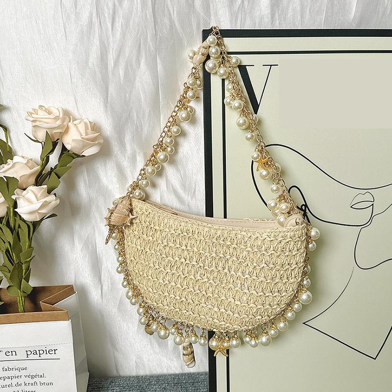 Yogodlns Borsa da Donna Bohémienne in Paglia Perle Conchiglia Borse Intrecciate a Mano Intrecciata a Mano Conchiglia Stella Marina Borsa da Spiaggia Rattan Mezza Luna Borse a Spalla