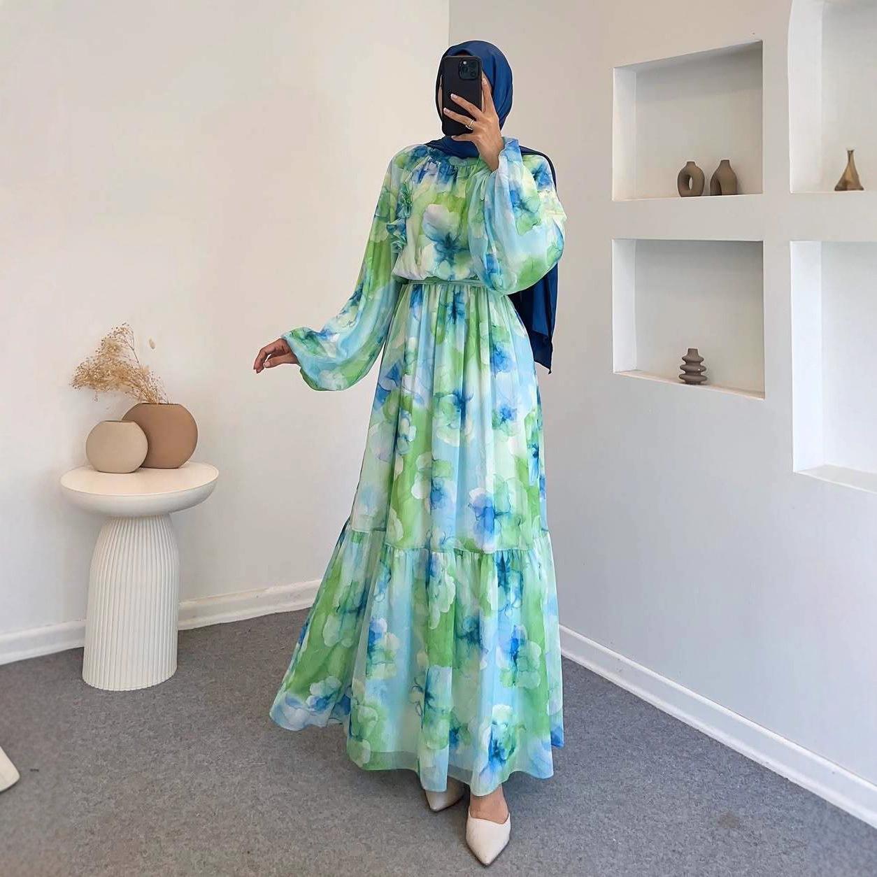 American high-waisted women s cross-border crew neck waist-cinching export 2025 autumn new slimming lantern-sleeve long dress floral dress XS