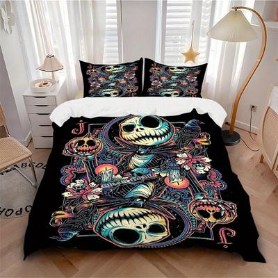 3pcs Set Jack Skellington Day of the Dead1pc of Quilt Cover+2pcs of Pillowcase, No Core, Print Bedding, All Seasons Bedroom Setting085