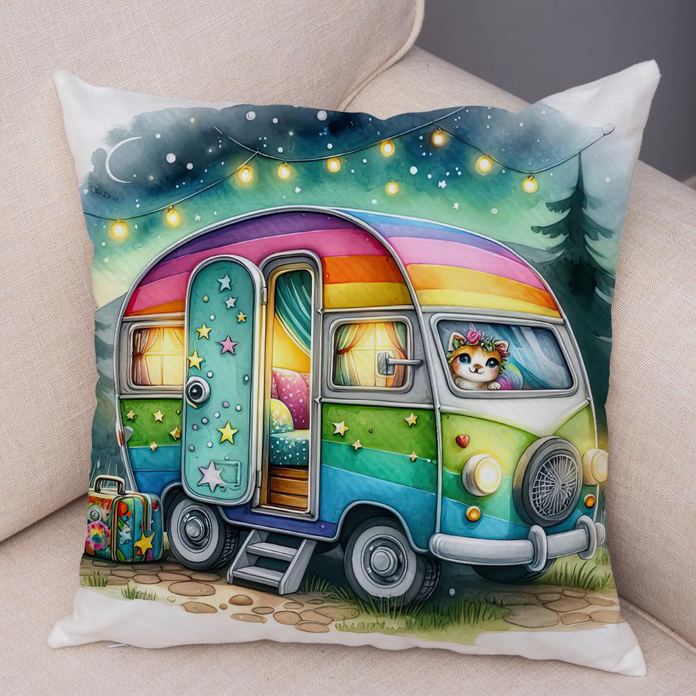 Happy Campers Pillow Case Double Print Decor Cartoon House Travel Car Cushion Cover for Sofa Home Soft Plush Pillowcase