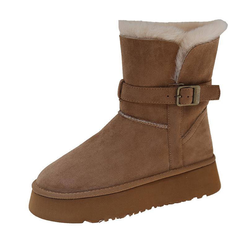 Sheepskin and fur integrated thick-soled cowhide velvet snow boots women's boots 2025 new leather buckle with thermal cotton boots short boots women