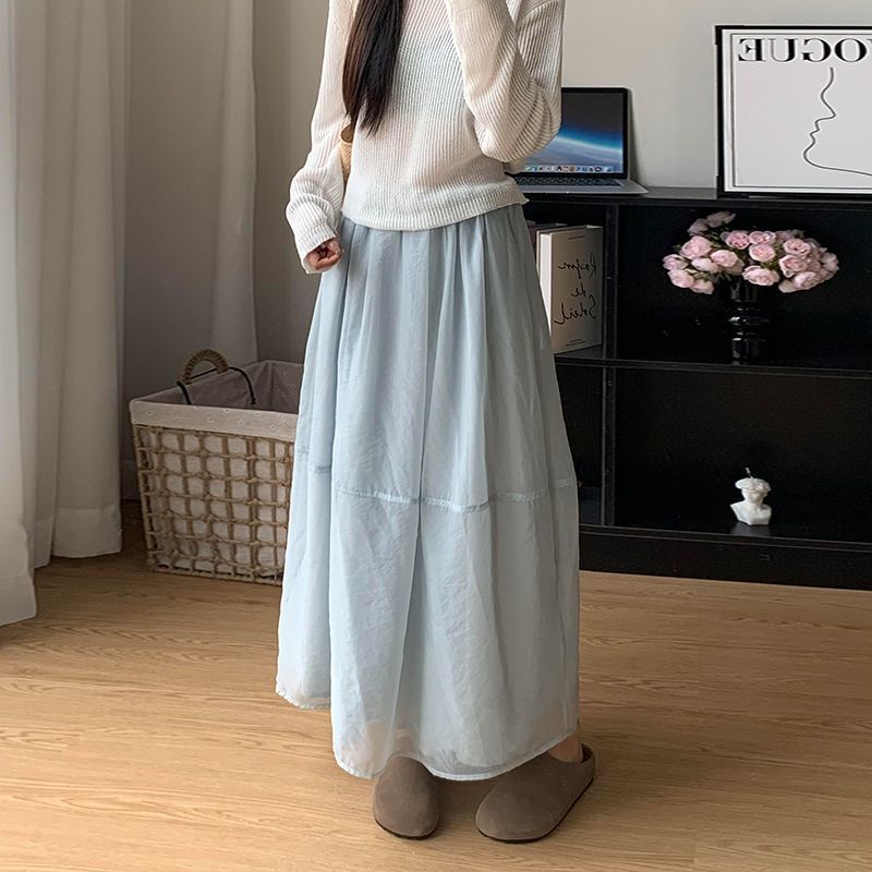 Women's Summer High-Waisted Organza Patchwork Tulle Half Skirt Mid-Length Long Skirt