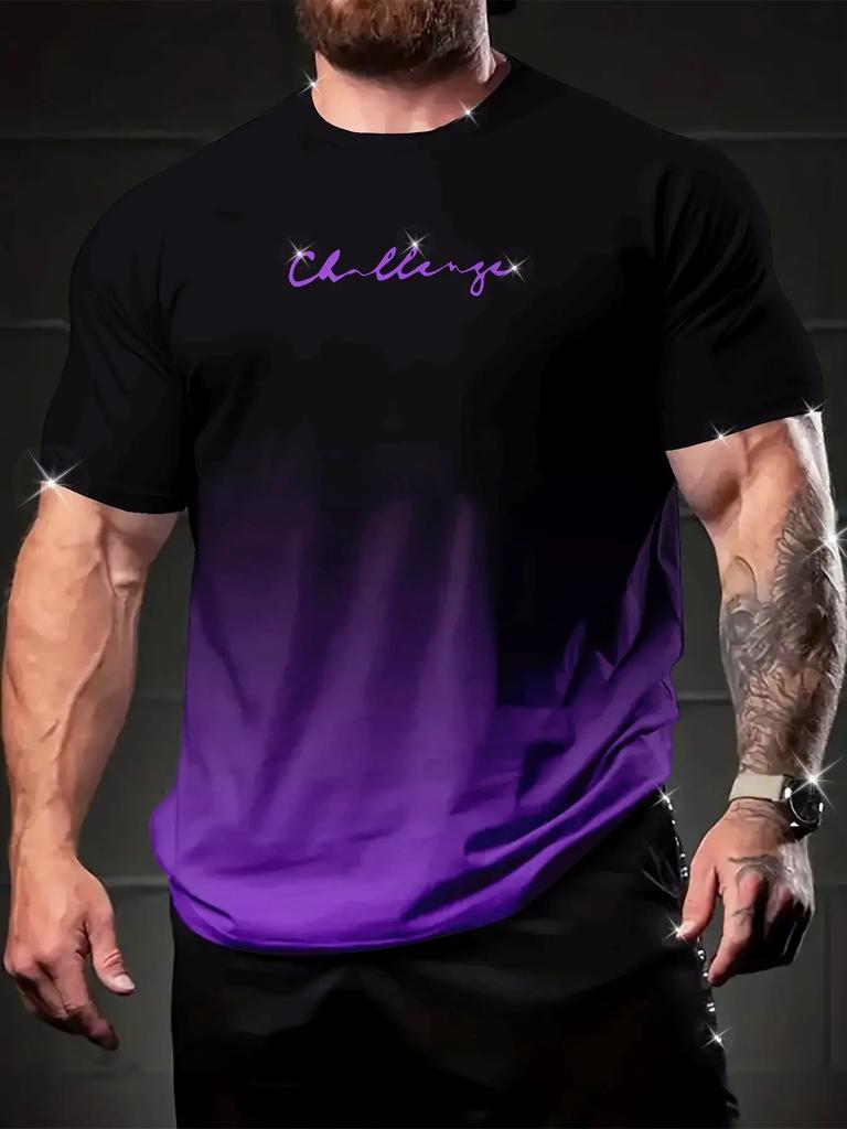 Summer casual digital printed T-shirt - gradient purple black color scheme