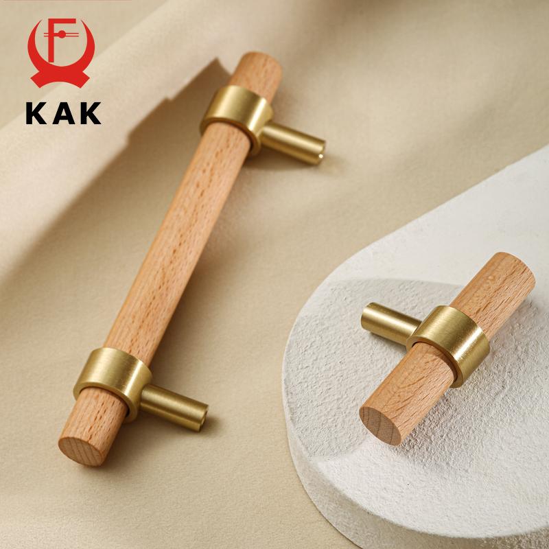 KAK Walnut Wooden Furniture Handle Brass Copper Drawer Knobs Kitchen Cabinets Pulls Dresser Knobs Wardrobe Pull Door Hardware