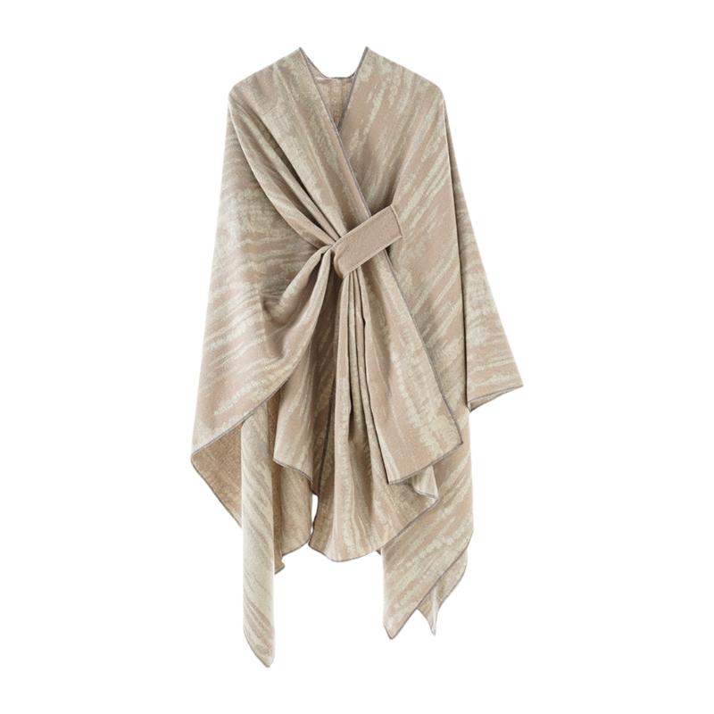 

Animal Print Thermal Open Front Capelet Shawl with Jacquard Design for Women Winter Fashionable Scarf Wearable Wrap бежевий