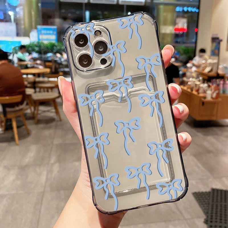 Transparent Card Slot Bag Holder Wallet Case For iPhone 16 15 14 Pro Max 13 12 11 XS X XR 7 8 Plus SE 2022 With Bow Print Cover