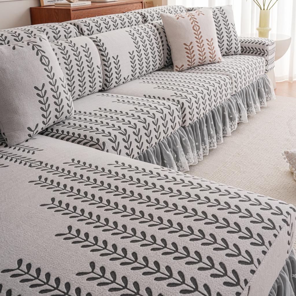 1Pc Wheat Jacquard Stretch Polar Fleece Sofa Cover With Lace Ruffle Hem Contrast Colour Sofa Slipcovers For Living Room Couch